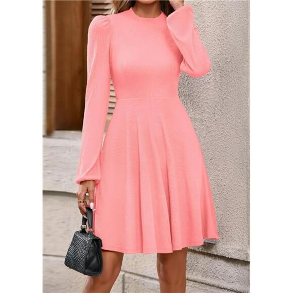 Womens Long Sleeve Ribbed Mini Dress A Line Flowy Short Dress With Pockets - Picture 6 of 7
